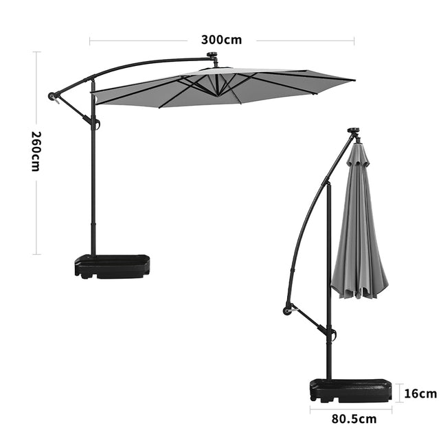 3M Large Garden Hanging LED Parasol Cantilever Sun Shade Banana Umbrella with Rectangular Base, Light Grey