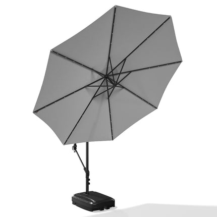 3M Large Garden Hanging LED Parasol Cantilever Sun Shade Banana Umbrella with Rectangular Base, Light Grey