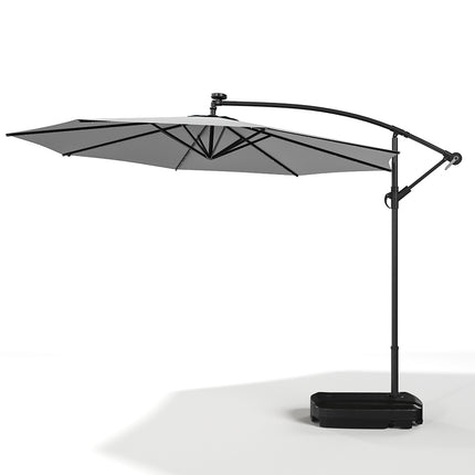 3M Large Garden Hanging LED Parasol Cantilever Sun Shade Banana Umbrella with Rectangular Base, Light Grey
