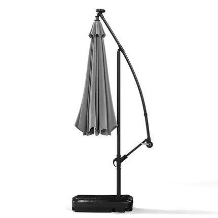3M Large Garden Hanging LED Parasol Cantilever Sun Shade Banana Umbrella with Rectangular Base, Light Grey