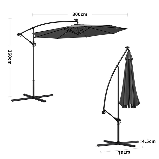 3M Large Garden Hanging LED Parasol Cantilever Sun Shade Banana Umbrella No Base, Dark Grey