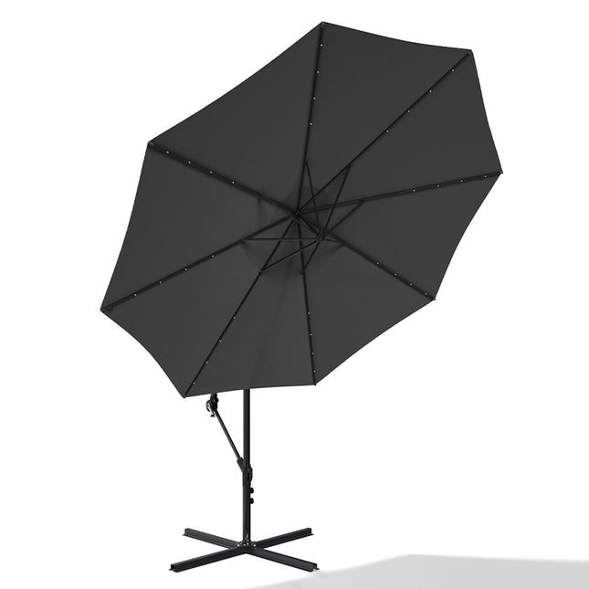 3M Large Garden Hanging LED Parasol Cantilever Sun Shade Banana Umbrella No Base, Dark Grey