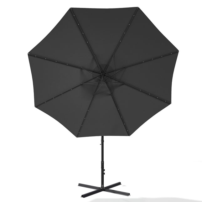 3M Large Garden Hanging LED Parasol Cantilever Sun Shade Banana Umbrella with Cross Base, Dark Grey