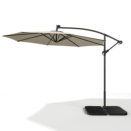 3M Large Garden Hanging LED Parasol Cantilever Sun Shade Banana Umbrella with Rectangular Base, Beige