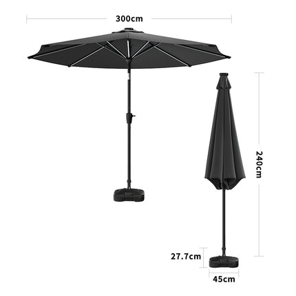 3M Large Garden LED Parasol Outdoor Beach Umbrella with Light Sun Shade Crank Tilt with Square Base, Gark Grey