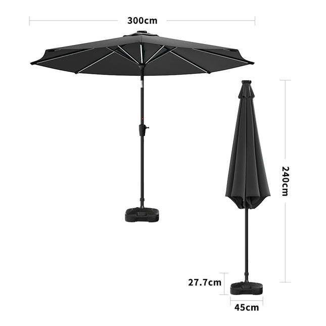 3M Large Garden LED Parasol Outdoor Beach Umbrella with Light Sun Shade Crank Tilt with Square Base, Gark Grey