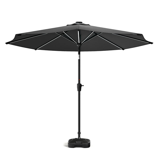 3M Large Garden LED Parasol Outdoor Beach Umbrella with Light Sun Shade Crank Tilt with Square Base, Gark Grey