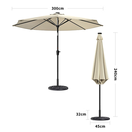 3M Large Garden LED Parasol Outdoor Beach Umbrella with Light Sun Shade Crank Tilt with 10KG Round Base, Beige