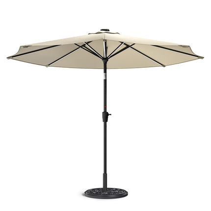 3M Large Garden LED Parasol Outdoor Beach Umbrella with Light Sun Shade Crank Tilt with 10KG Round Base, Beige