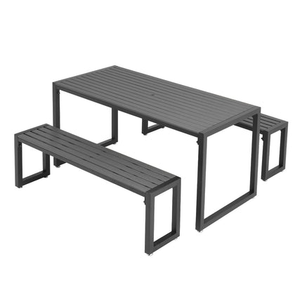 3 Pcs Modern Outdoor Garden Dining Table and Bench Set, Grey