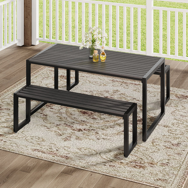 3 Pcs Modern Outdoor Garden Dining Table and Bench Set, Grey