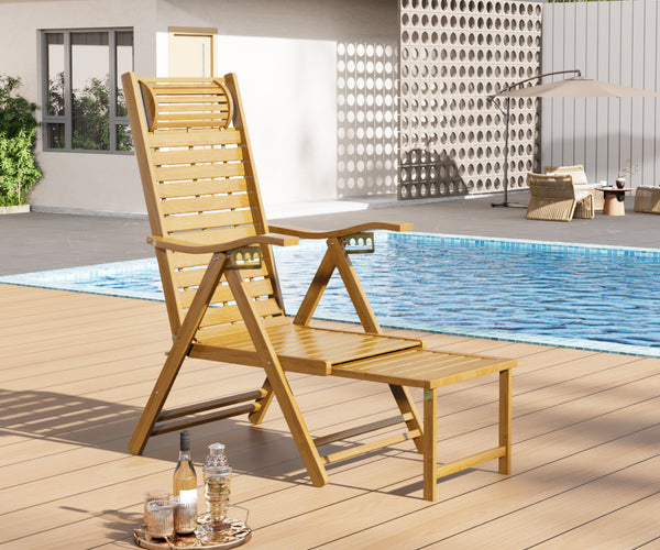 Bamboo Foldable Recliner Lounge Chair Footrest Retractable Footrest