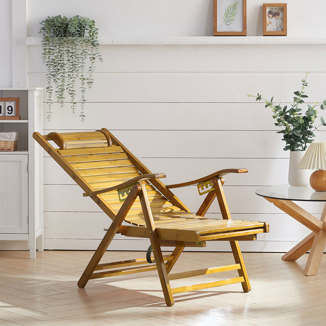 Bamboo Foldable Recliner Lounge Chair with Footrest with Retractable Footrest
