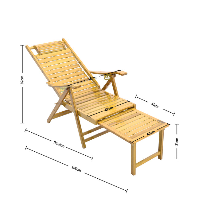 Bamboo Foldable Recliner Lounge Chair with Footrest with Retractable Footrest
