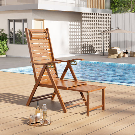 Bamboo Foldable Recliner Lounge Chair with Retractable Footrest