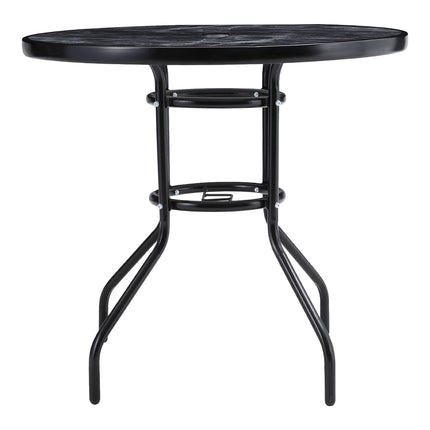 80cm Black Round Outdoor Coffee Table with Tempered Glass Marble Top