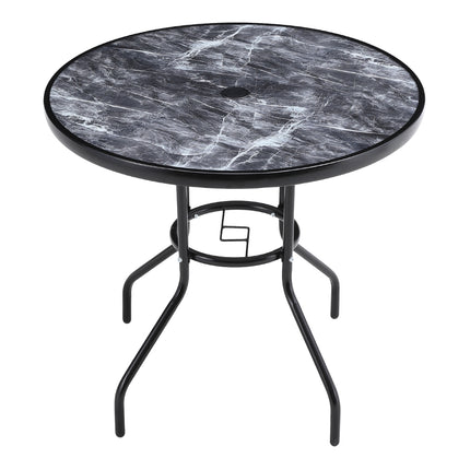 80cm Black Round Outdoor Coffee Table with Tempered Glass Marble Top