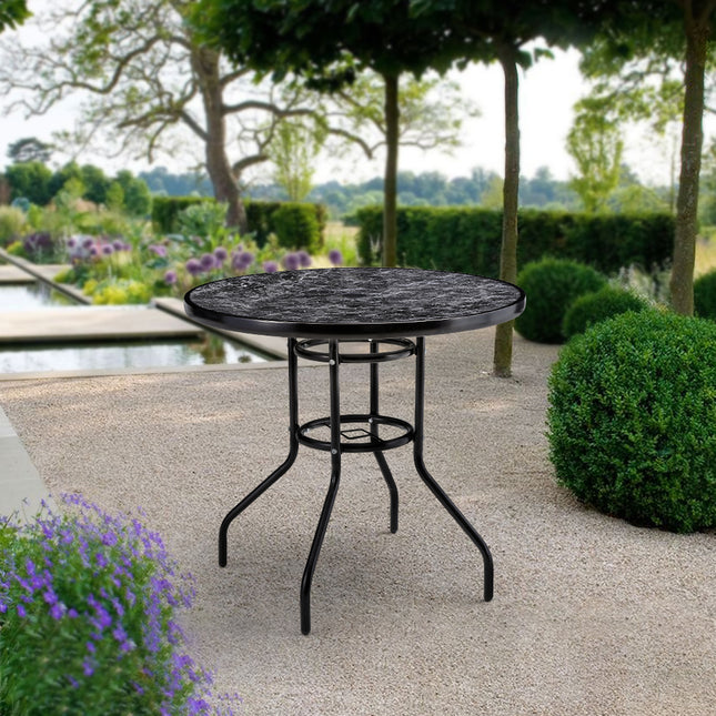 Black Round 80cm Garden Tempered Glass Marble Coffee Table