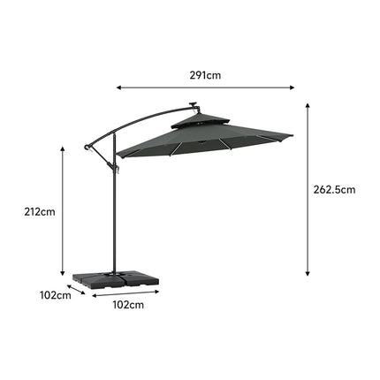 3x3M Light Grey Double Top Cantilever Banana Parasol with Lights and Cross Base