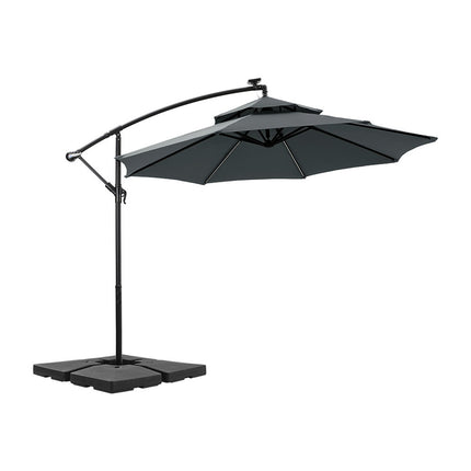 3x3M Light Grey Double Top Cantilever Banana Parasol with Lights and Cross Base