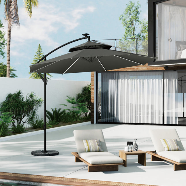 3x3M Light Grey Double Top Cantilever Banana Parasol with Lights and Cross Base