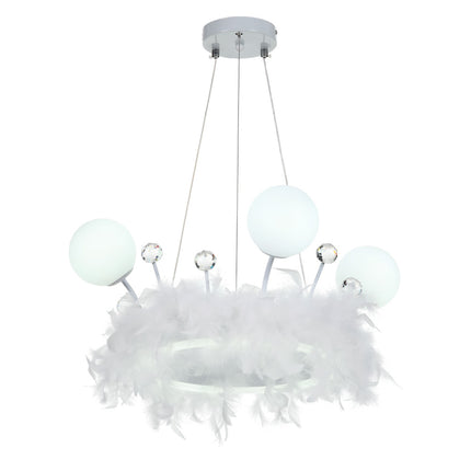 White Feather LED Pendant Light with Crystal Balls