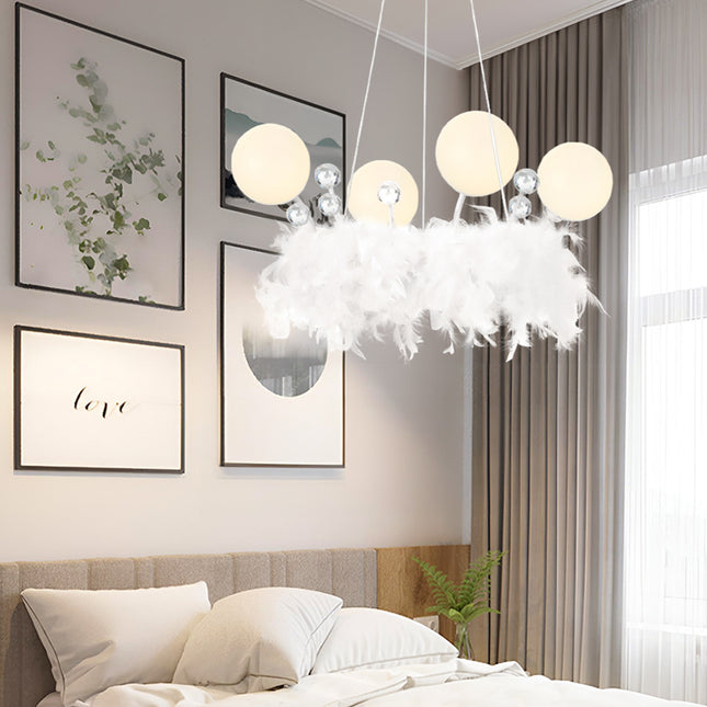 White Feather LED Pendant Light with Crystal Balls