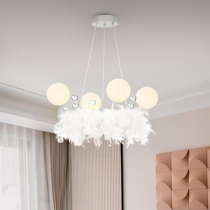 White Feather LED Pendant Light with Crystal Balls