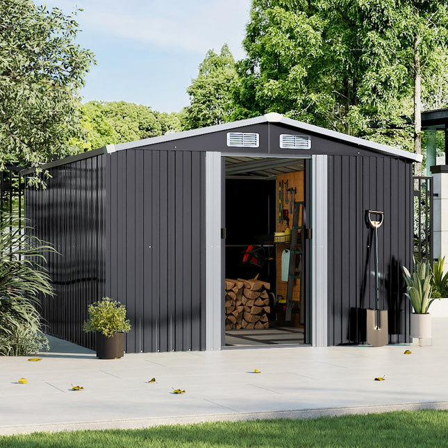 10' x 8' ft Steel Garden Storage Shed with Gabled Roof Top,Black