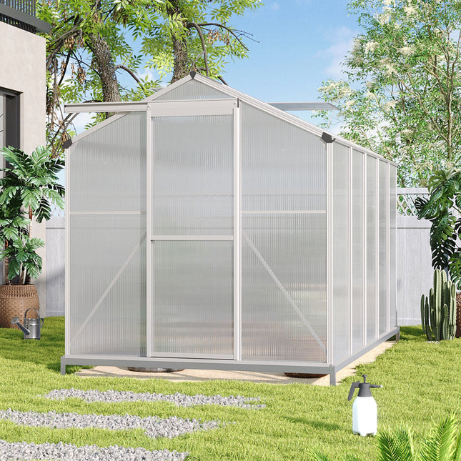 10ft x 6ft Greenhouse Polycarbonate Aluminium Greenhouse with Window, Sliding Door, and Foundation