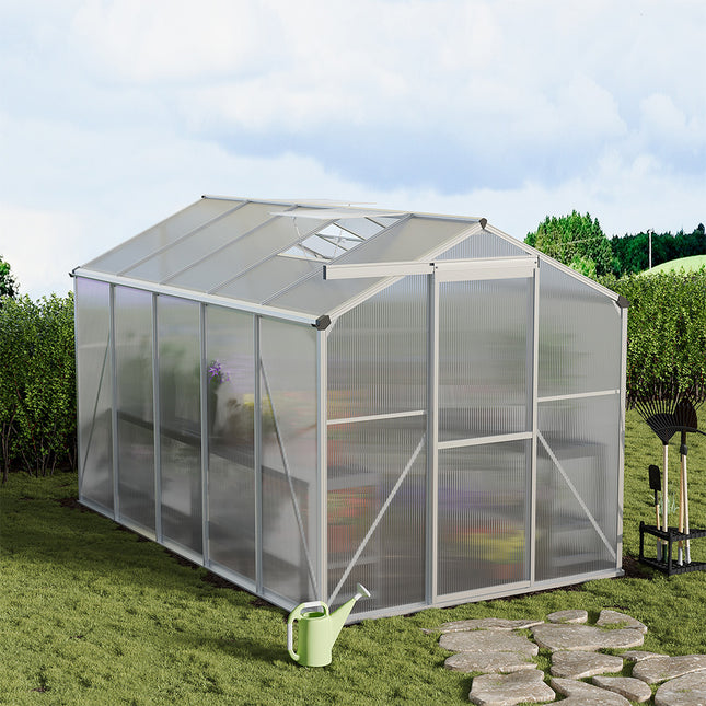 10ft x 6ft Greenhouse Polycarbonate Aluminium Greenhouse with Window and Sliding Door