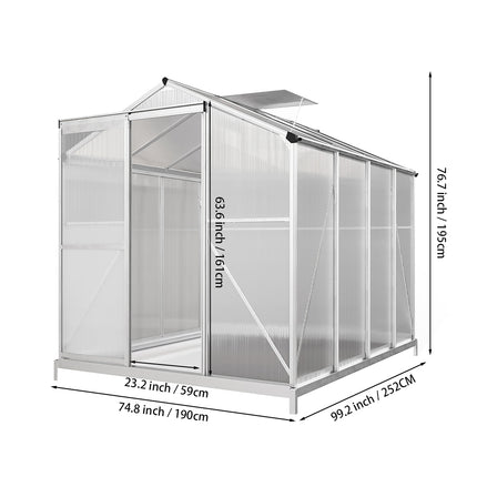 8ft x 6ft Greenhouse Polycarbonate Aluminium Greenhouse with Window, Sliding Door, and Foundation
