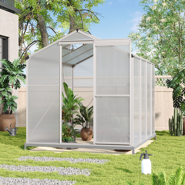 8ft x 6ft Greenhouse Polycarbonate Aluminium Greenhouse with Window, Sliding Door, and Foundation