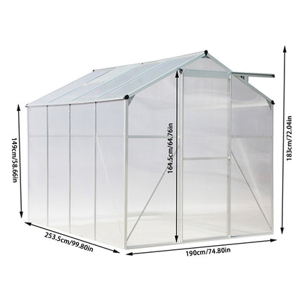 8ft x 6ft Greenhouse Polycarbonate Aluminium Greenhouse with Window and Sliding Door