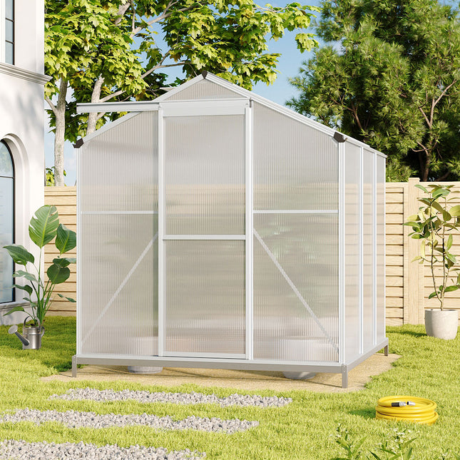 6ft x 6ft Greenhouse Polycarbonate Aluminium Greenhouse with Window, Sliding Door, and Foundation