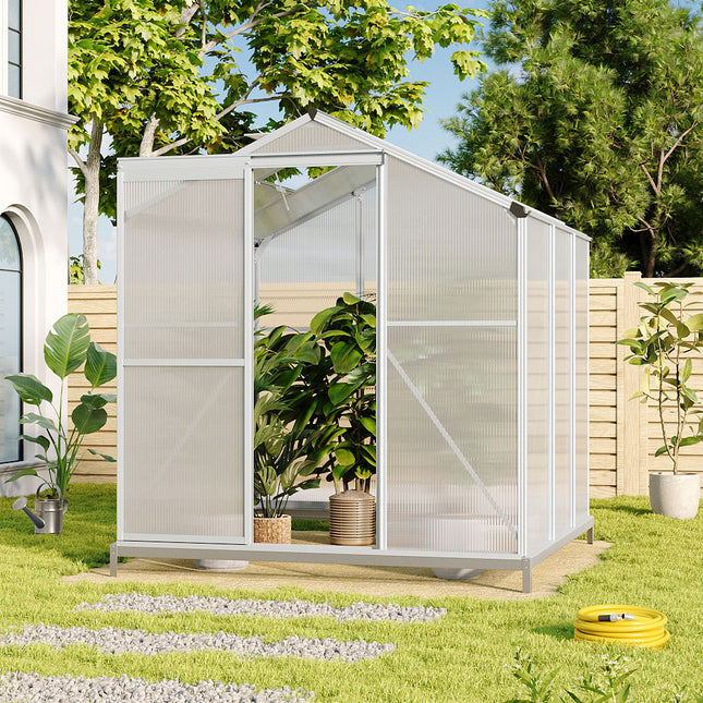 6ft x 6ft Greenhouse Polycarbonate Aluminium Greenhouse with Window, Sliding Door, and Foundation