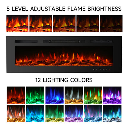 60 Inch Recessed/Wall Mounted Electric Glass Fireplace with Remote 12 Colours