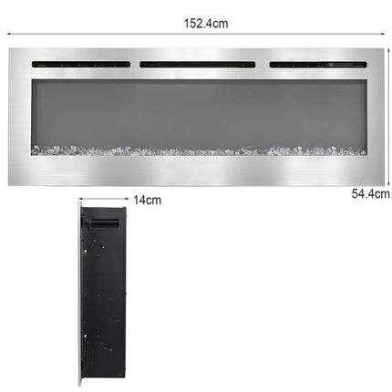 Silver 60-inch Wall Mounted Fireplace with 12 Flames and Remote Control LED Recessed Fire Heater