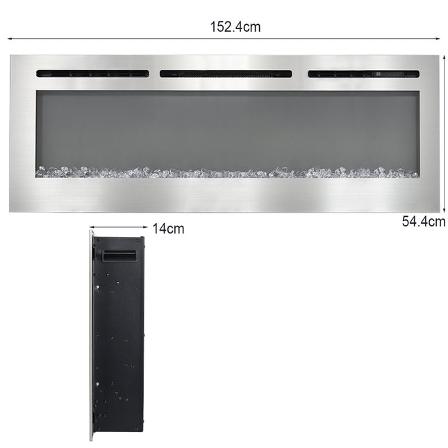 Silver 60-inch Wall Mounted Fireplace with 12 Flames and Remote Control LED Recessed Fire Heater