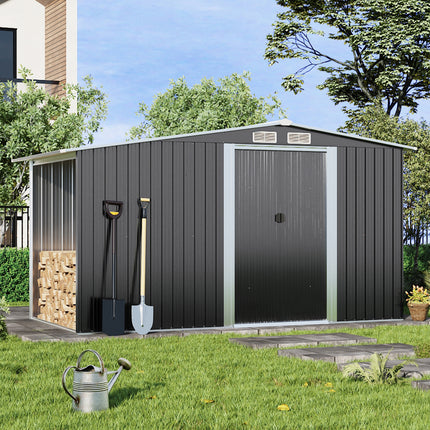 Steel Garden Storage Shed with Gable Roof Top and Firewood Storage