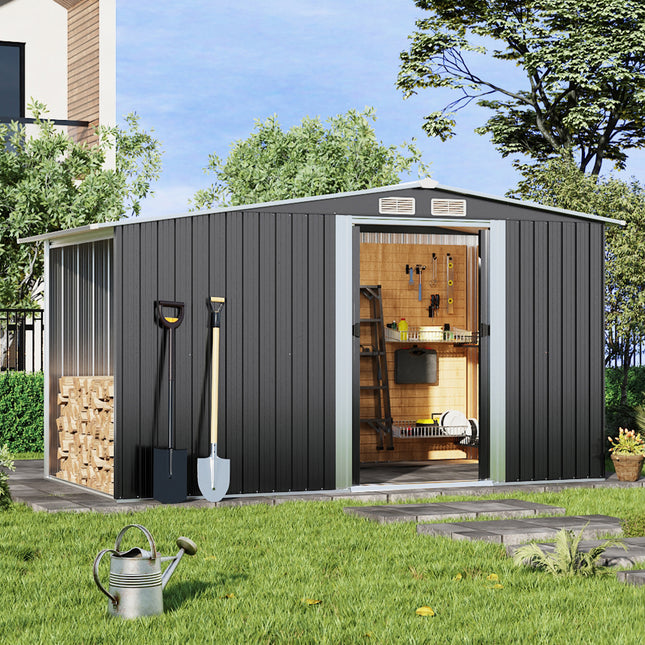 Steel Garden Storage Shed with Gable Roof Top and Firewood Storage