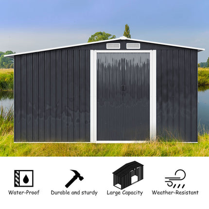 8ft x 6ft Metal Garden Tools Shed With Firewood Log Storage,Dark Grey
