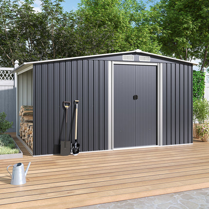 8ft x 6ft Metal Garden Tools Shed With Firewood Log Storage Dark Grey