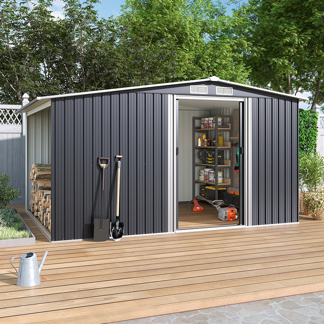 8ft x 6ft Metal Garden Tools Shed With Firewood Log Storage Dark Grey