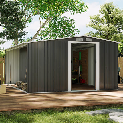 10ft x 8ft Metal Garden Tools Shed With Firewood Log Storage,Dark Grey