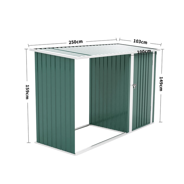 Green Log Stacking Rack and Steel Outdoor Garden Storage Shed