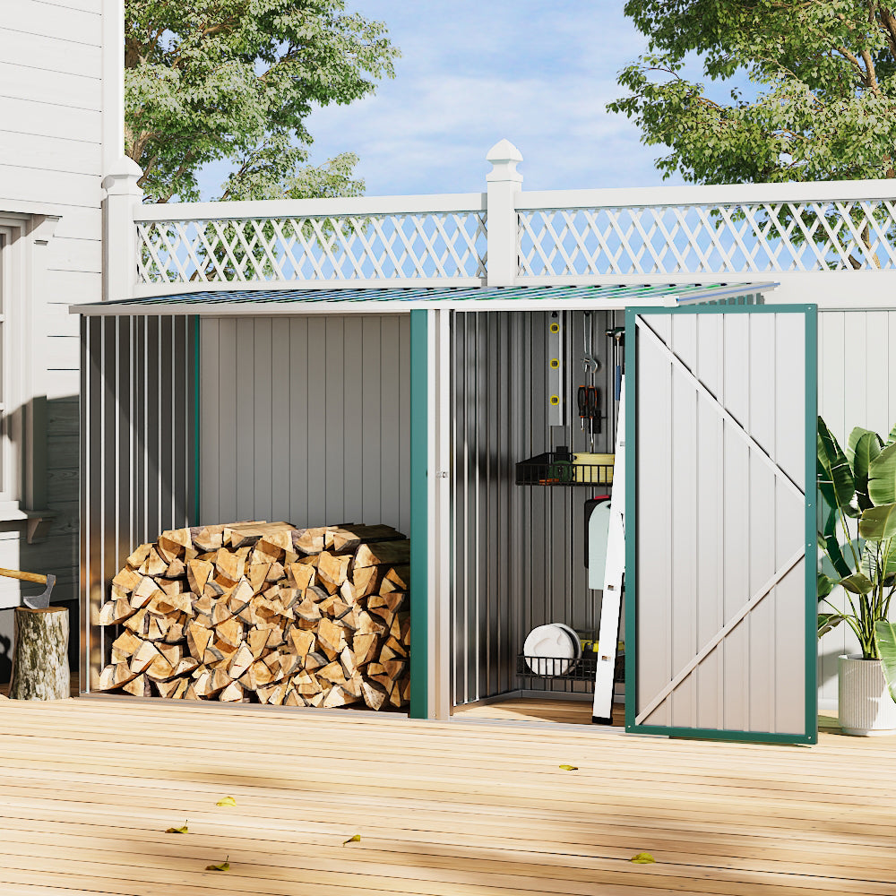 Green Log Stacking Rack and Steel Outdoor Garden Storage Shed ...
