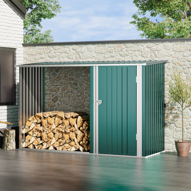 Green Log Stacking Rack and Steel Outdoor Garden Storage Shed