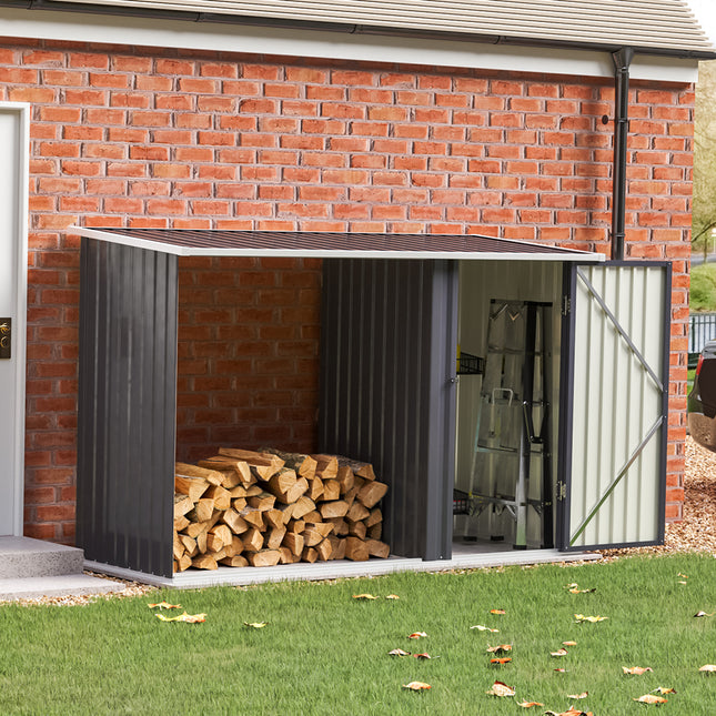 Steel Outdoor Garden Storage Shed with Log Stacking Rack Charcoal Black