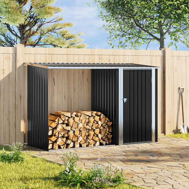 Steel Outdoor Garden Storage Shed with Log Stacking Rack Charcoal Black